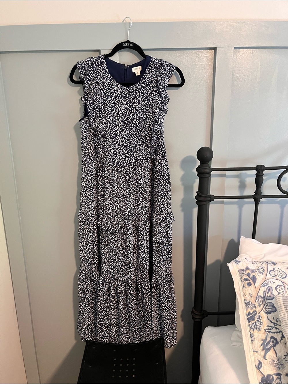 J. Crew Navy and White Floral Tiered Maxi Dress